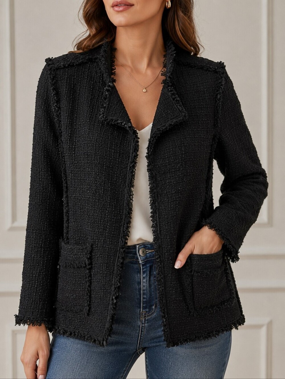 Rebecca Taylor Black Tweed Bouclé Fringe Jacket – Size 10